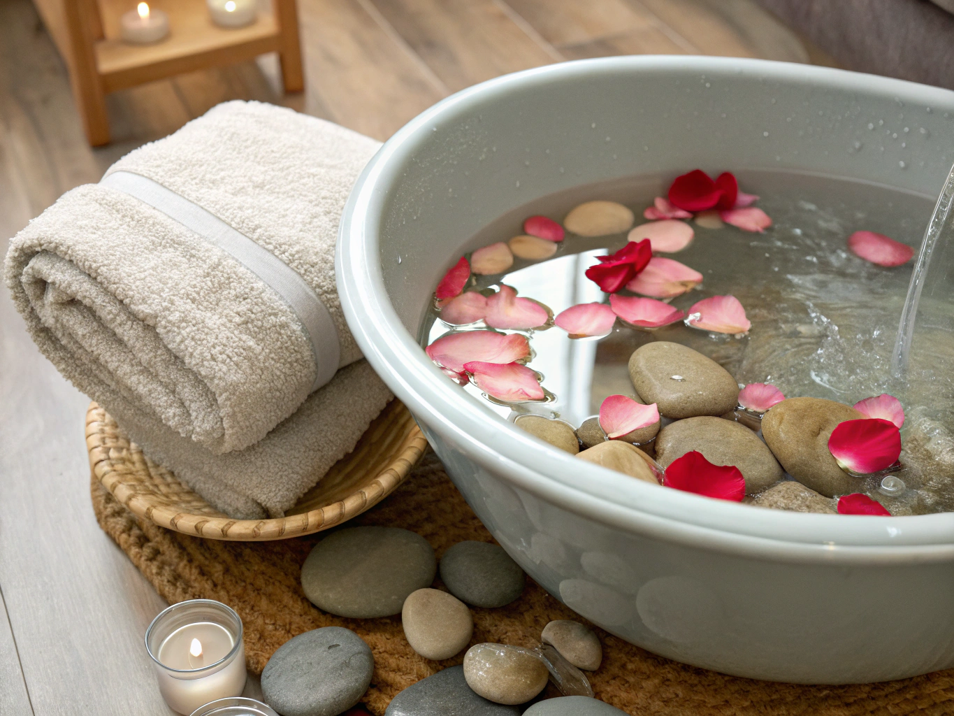 Viora Spa taş kurna ve aromatik yapraklı ayak banyosu