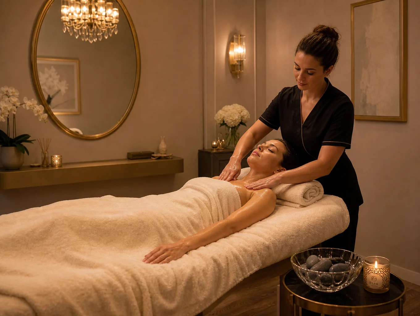 Dört el senkronize masaj için hazırlanan loş spa salonu